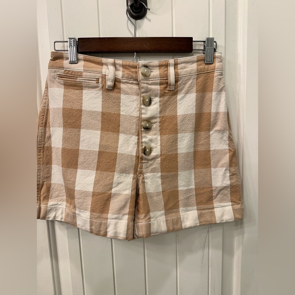 Madewell Tan White Gingham Plaid High-Rise Button-Front Emmett Shorts Size 27